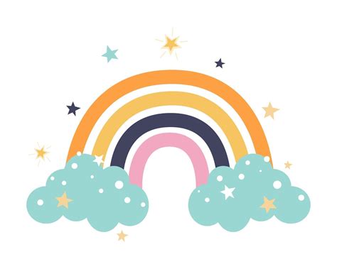 colorido lindo arco iris con nubes azules estrellas sobre un fondo blanco vector ilustración de
