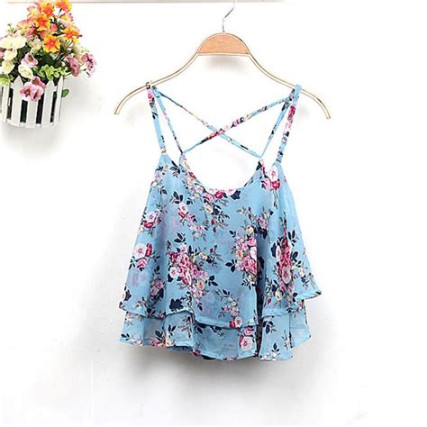 4 Colors Women Shirts Tanks Top Summer Clothing Spaghetti Strap Floral