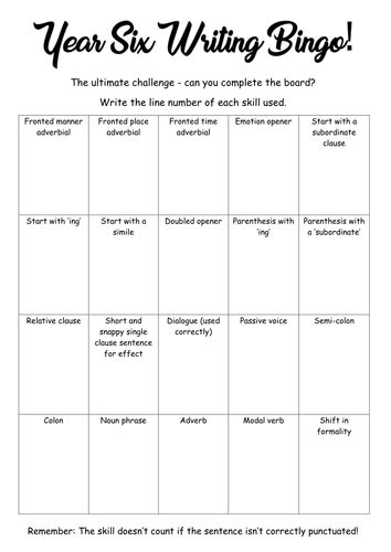 Writing Bingo Checklist Teaching Resources