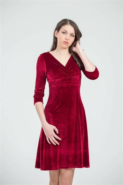 Burgundy Velvet Dress Knee Length Red Velour Evening Gown With Etsy