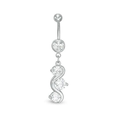 014 Gauge Cubic Zirconia Wave Dangle Belly Button Ring In Stainless