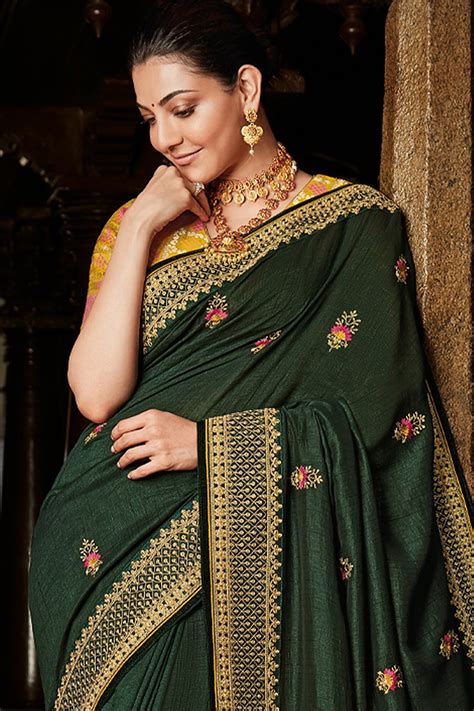 Buy Bottle Green Silk Embroidered Saree Online Like A Diva