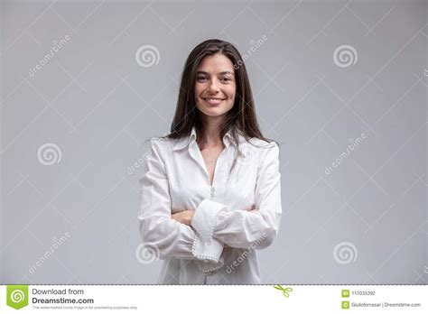 Smiling Woman Standing With Arms Crossed Stock Photo Image Of Copy