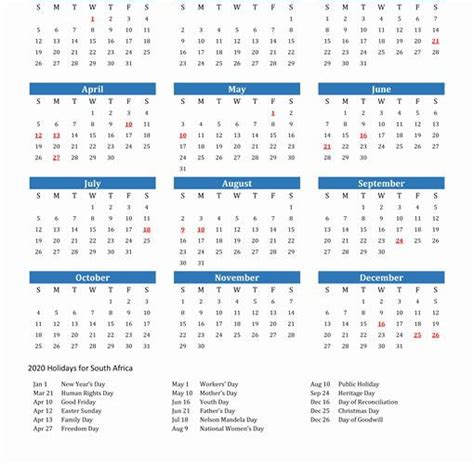 Printable Calendar South Africa 2020 Calendar Printable Calendar
