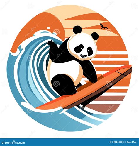 Panda Surfing On The Surfboard In The Ocean Vector Illustration Ai