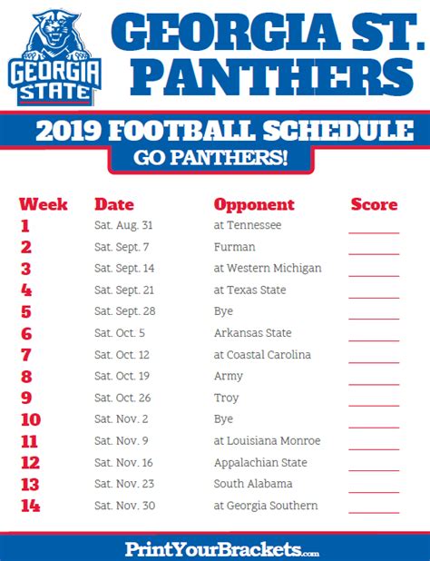Printable Georgia State Panthers Football Schedule 2019 Panthers