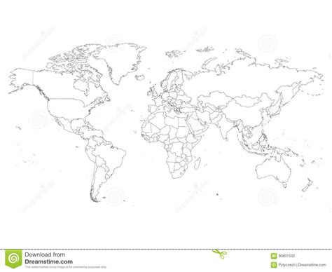 World Map With Country Borders Thin Black Outline On White Background