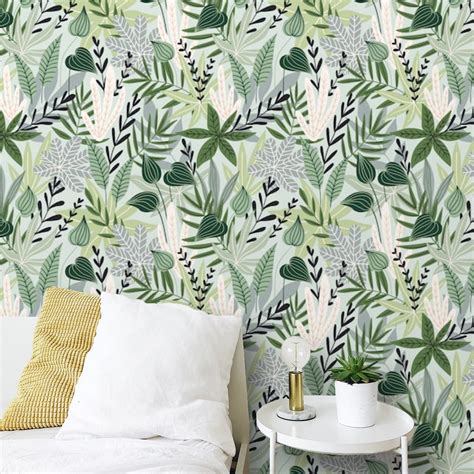 Botanical Wallpaper Herbs And Leaves Peel And Stick Removable Etsy