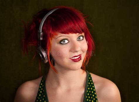 Punky Girl With Red Hair Listening To Music Stock Image Image Of