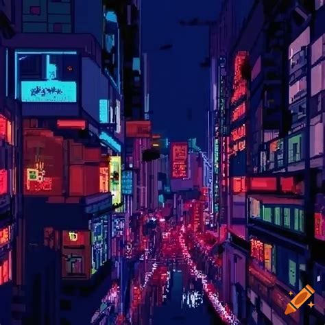 Pixel Art Tokyo City Night Extremely Detailed Neon Blue Grey Red