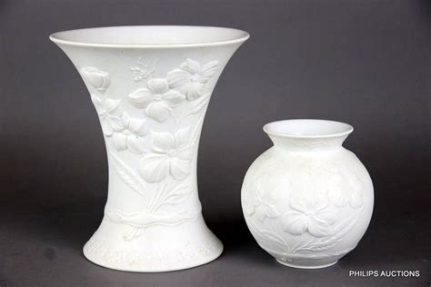 Kaiser Bisque Porcelain Vases With Matching Floral Relief Decoration