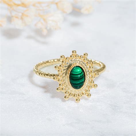 Gold Plated Green Malachite Ring With Oval Stone Lora Moi