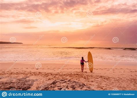 Surfer Girl With Surfboard At Beach Surfer Woman With Sunset Or