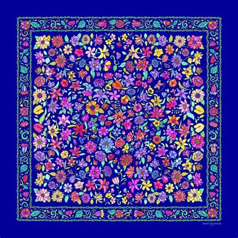 French Silk Scarves Twill Floral Blue 27x27 Anne Touraine Paris™ Scarves And Foulards
