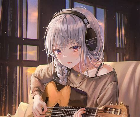 Anime Girl Guitar Headphones Hd Wallpaper 800x667 87254