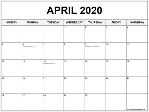 April 2020 Calendar With Holidays Holiday Calendar Printable