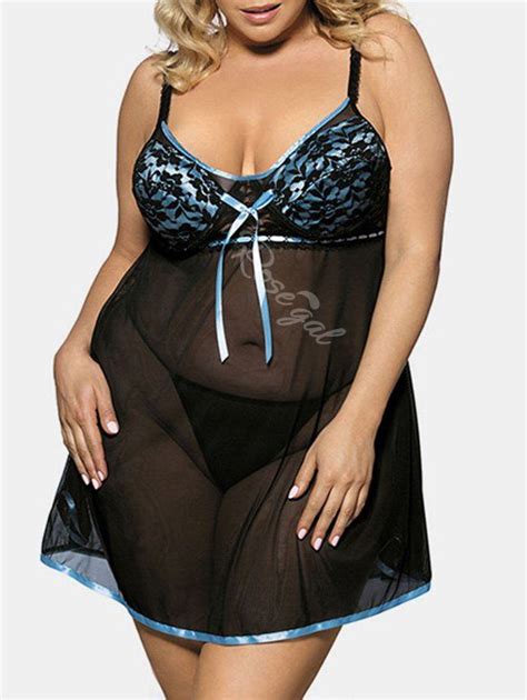 Plus Size Lingerie Sheer Mesh Babydoll Set Off Rosegal