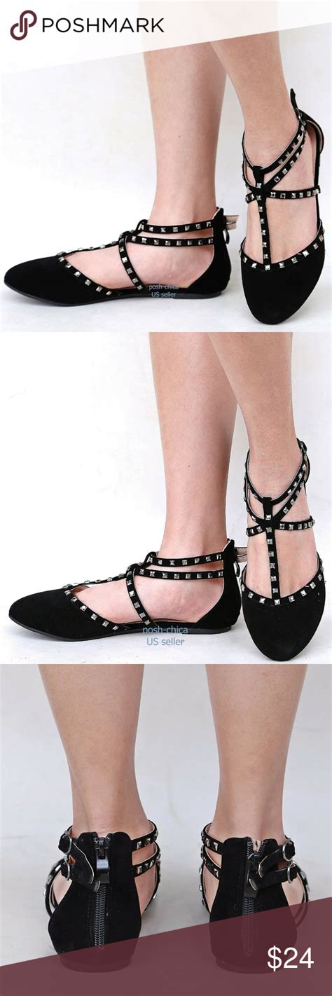 New Black Studded Strappy Ballet Flats These Adorable Square Studded