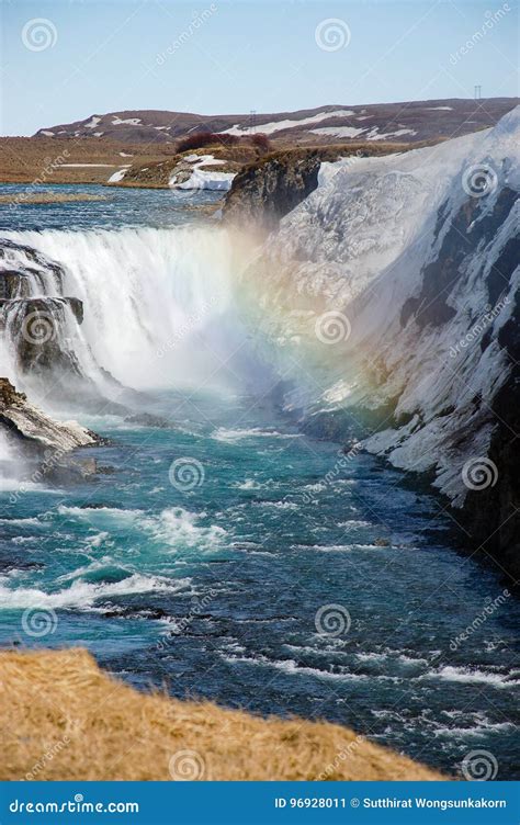 Gullfoss Waterfall Rainbow Blue Sky Iceland Stock Image Image Of