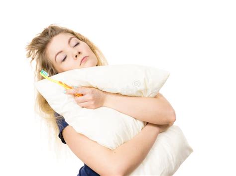 Sleepy Woman Hugging White Pillow Stock Photo Image Of Hugging