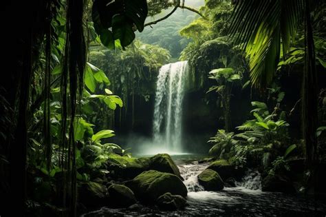 Premium Ai Image Serene Waterfall In Lush Costa Rican Rainforest