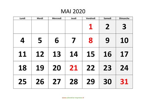 Calendrier Mai 2020 à Imprimer