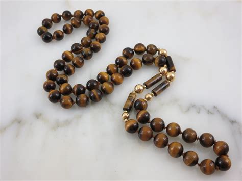 Tiger Eye Necklace 14k Gold Accent Beads Long Beaded Tigers Etsy