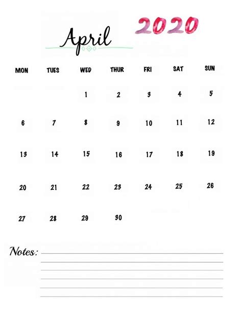 Watercolor April 2020 Printable Calendar Printable Calendar Pdf