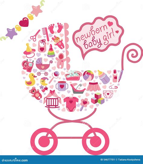 Newborn Baby Girl Icons In Form Of Carriage Stock Vector Illustration