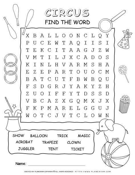 Circus Game Word Search With Ten Words Planerium