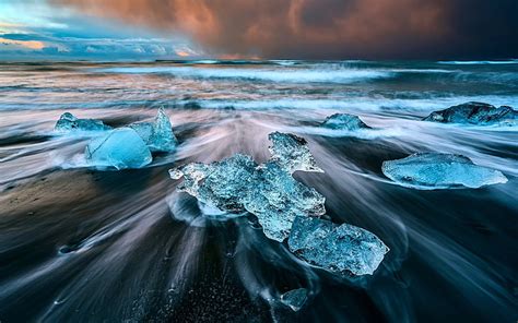 Hd Wallpaper Blue Stones Nature Ice Water Sea Waves Long