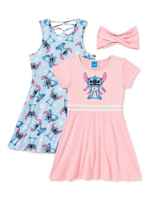 Lilo And Stitch Girls Short Sleeve And Tank Fit And Flare Dress With Matching Headband 2 Pack