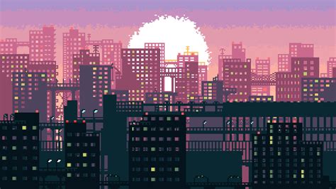 Download City Pixel Art Sunset Wallpaper