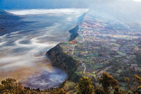 Nature Landscape Indonesia Field Trees Mountain Hill Mist Aerial View Villages