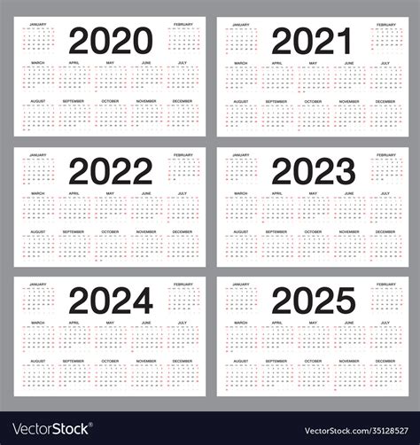 Simple Calendar Template 2020 2025 Set Royalty Free Vector
