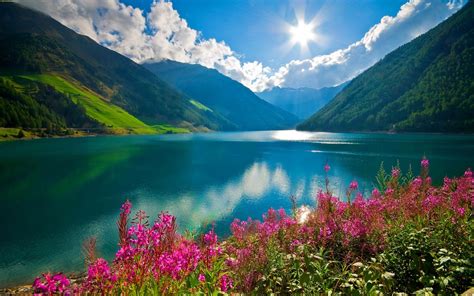 Nature Landscape Mountain River Sun Clouds Pink