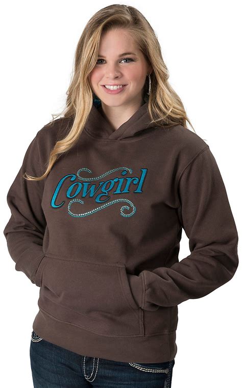 Cowgirl Hardware® Womens Brown And Turquoise Cowgirl With Cross Long Sleeve Hoodie Western Wear