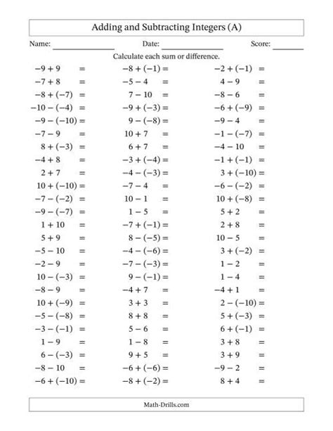 Adding And Subtracting Integers Numbers Worksheet