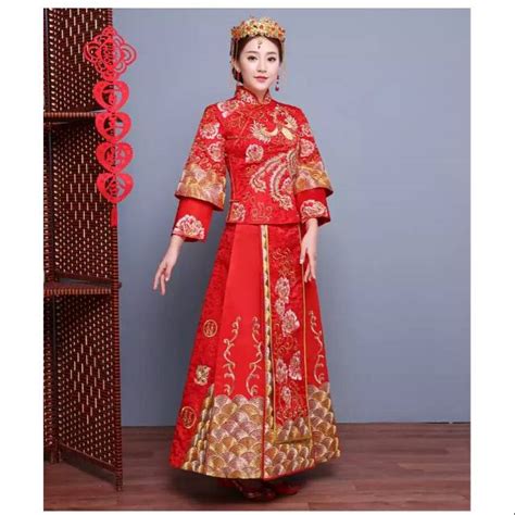 Wed Gaun Pengantin Tradisional China Merah Lucky Gold Phoenix Setelan