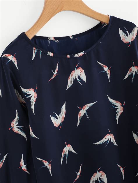 ruffle sleeve red crowned crane print random blouse shein sheinside