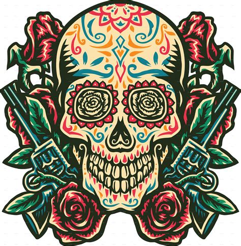 Sugar Skull With A Gun And Rose By Amillustrated Graphicriver