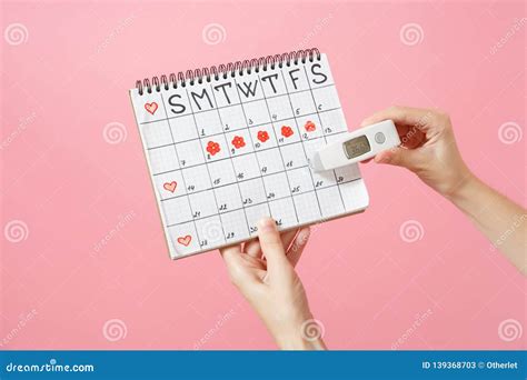 Close Up Female Holds In Hand Thermometer Female Periods Calendar For