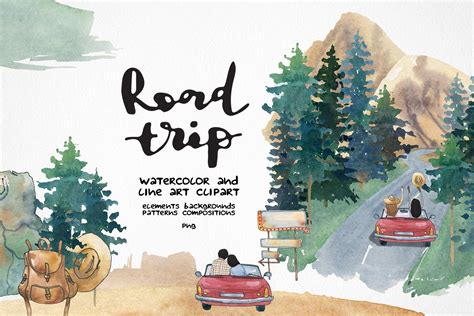 Road Trip Clipart Watercolor Car Travel Png Design Cuts