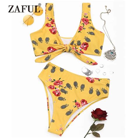 Zaful Swimwear Women High Cut Knotted Bikini Swimsuit High Waisted Swimsuit Plunging Neck Bikini