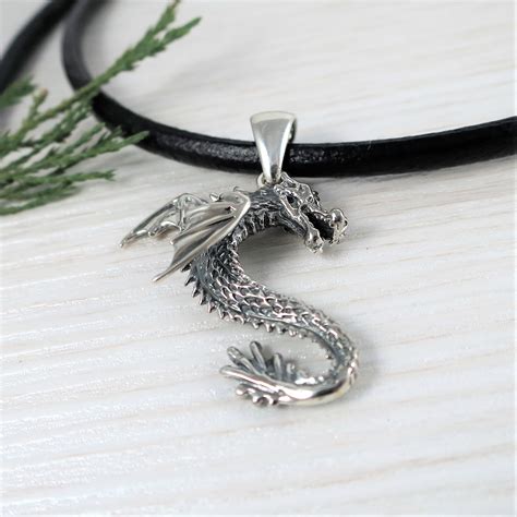 Winged Dragon Pendant Unisex Sterling Silver Dragon Necklace Etsy