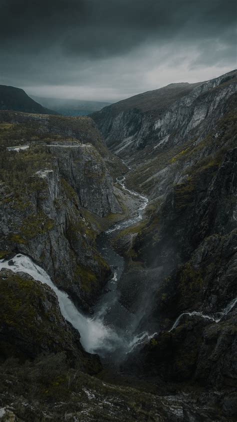 Download Wallpaper 1350x2400 Gorge Rocks Mountains River Waterfall