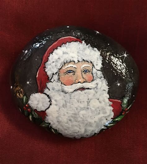 Hand Painted Santa Claus Stone Stone Painting Christmas Bells Hand