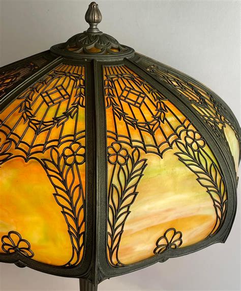 Lot Antique Art Nouveau Green And Carmel 8 Panel Slag Glass Overlay 3 Socket Table Lamp Works