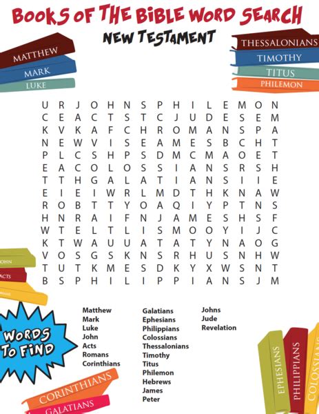 Celebrate easter and try to find all the words and characters from the bible related to easter like apostles, son of god, cross, mary, lamb, high priest. Books of the Bible Word Search NT - Children's Ministry Deals
