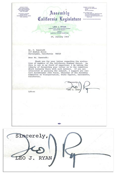 Lot Detail Leo Ryan 1969 Typed Letter Signed 9 Years Before His Murder At Guyana S Jonestown